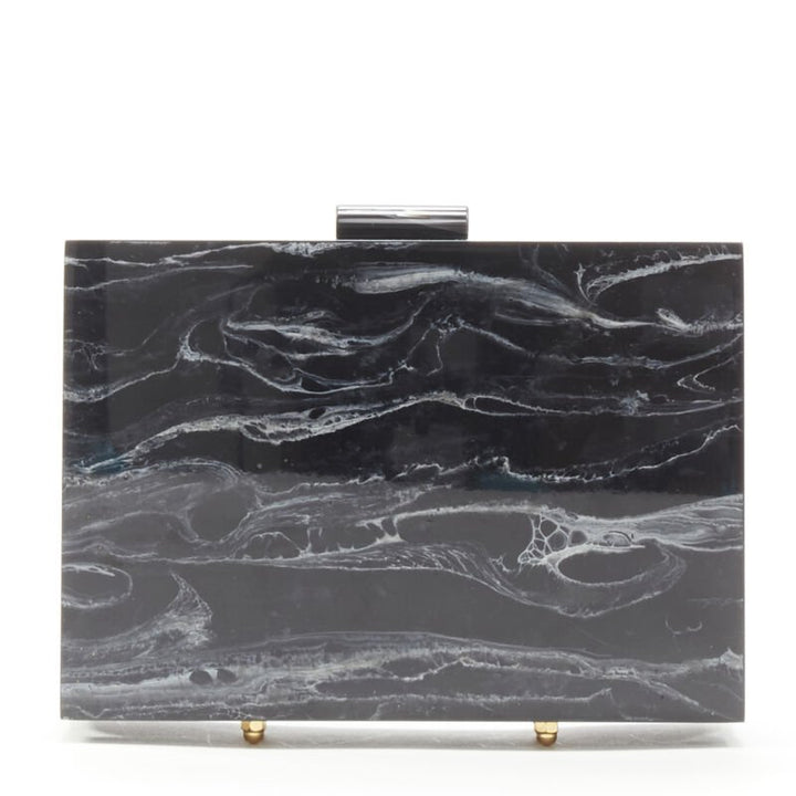 L'AFSHAR black white marble print acrylic gold hardware box clutch bag