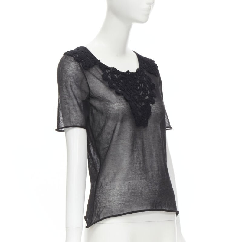 DOLCE GABBANA crochet lace sheer rolled edges fine knit cotton top IT40 S