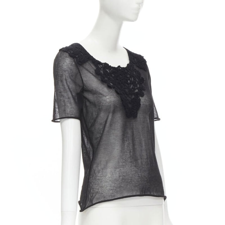 DOLCE GABBANA crochet lace sheer rolled edges fine knit cotton top IT40 S
