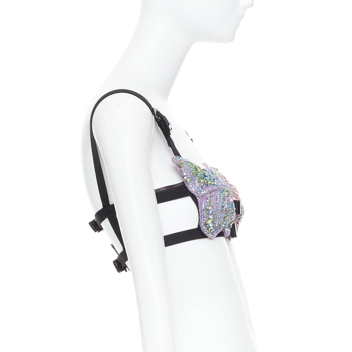 rare VERSACE Dua Lipa 2023 Vacanza Runway crystal butterfly bondage bra IT36 XXS