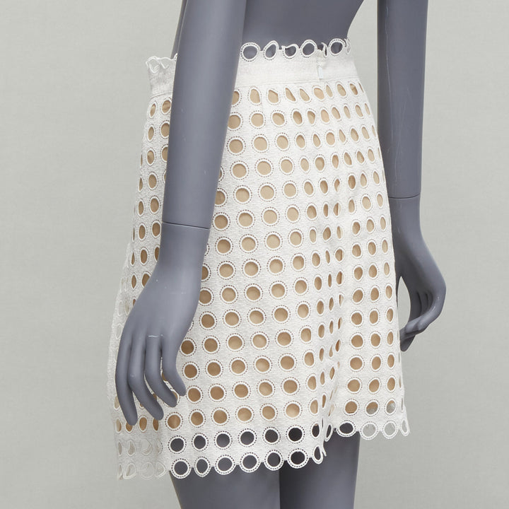 CHLOE white embroidery anglais eyelet layered silk lined skirt FR34 XS