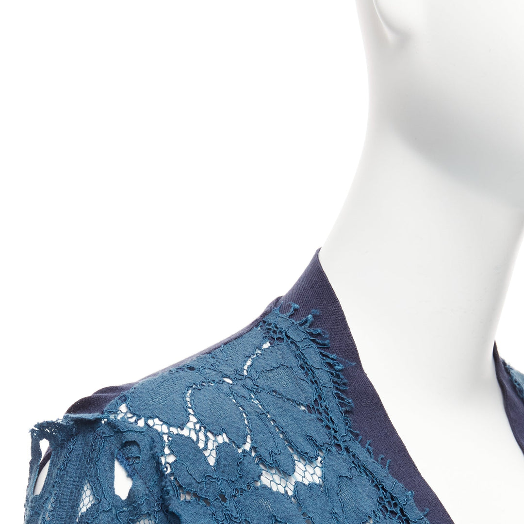 LANVIN 2015 blue silk cotton floral lace sheer long sleeve V neck cardigan S