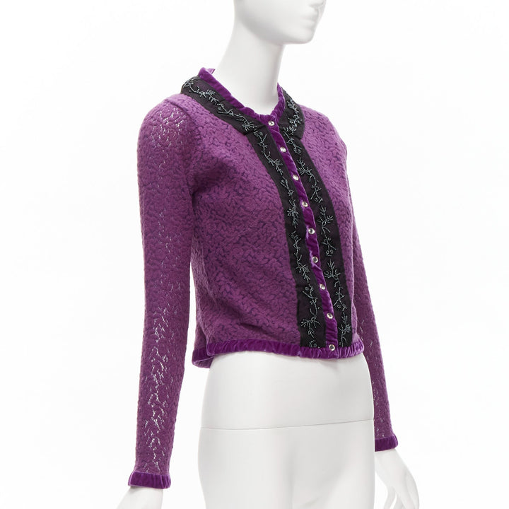 VOYAGE INVEST IN THE ORIGINAL LONDON purple wool black lace velvet cardigan M