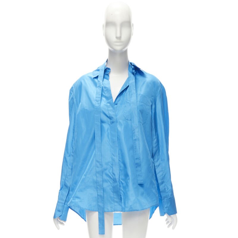 VALENTINO 2022 Runway blue silk tafetta relaxed neck tie oversized shirt IT38 XS