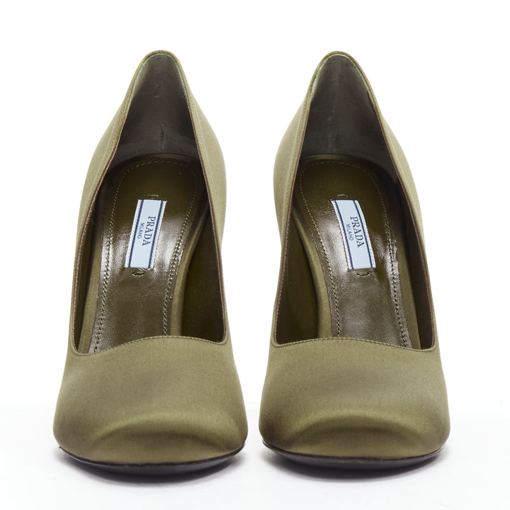 PRADA Lightning Bolt green silk satin gold metal heel pump EU38.5
