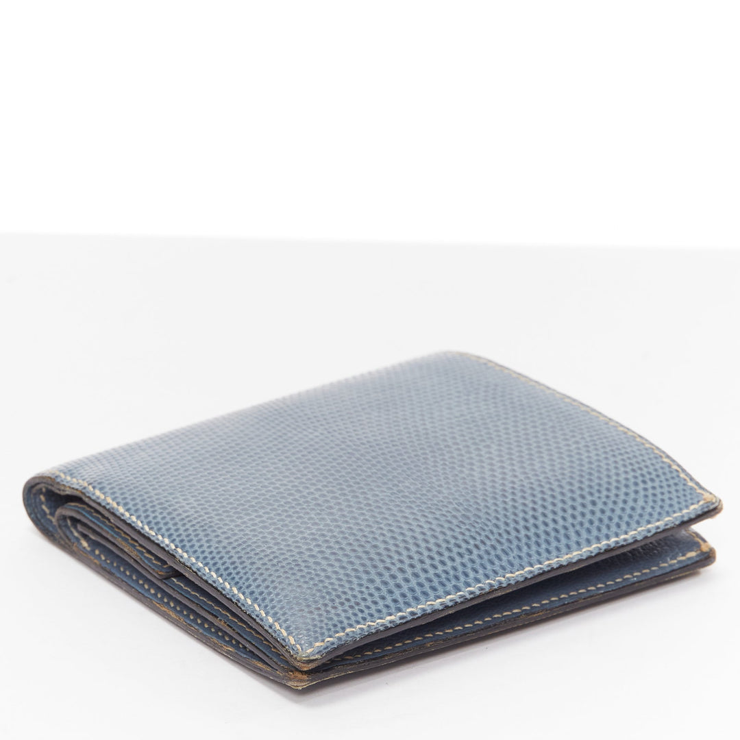 HERMES blue scaled leather silver logo bifold coins wallet