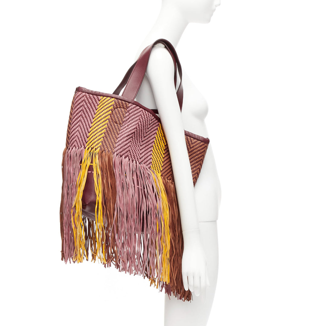 ROKSANDA Eider brown burgundy yellow calfskin leather woven fringe large bag