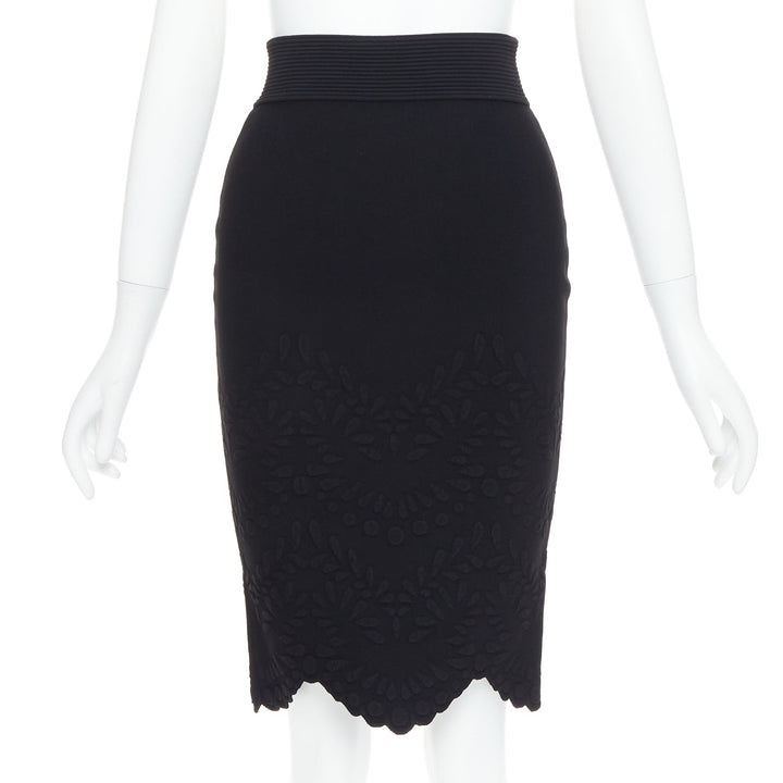 ALEXANDER MCQUEEN black jacquard knit scallop hem pencil skirt XS