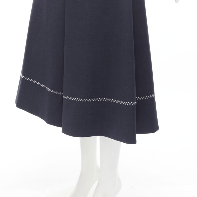 ELLERY navy polyester wool white cross hatch stitching flared skirt US2 XS