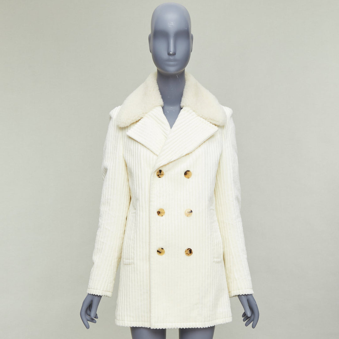 SAINT LAURENT 2021 off white shearling collar cotton corduroy coat FR38 M
