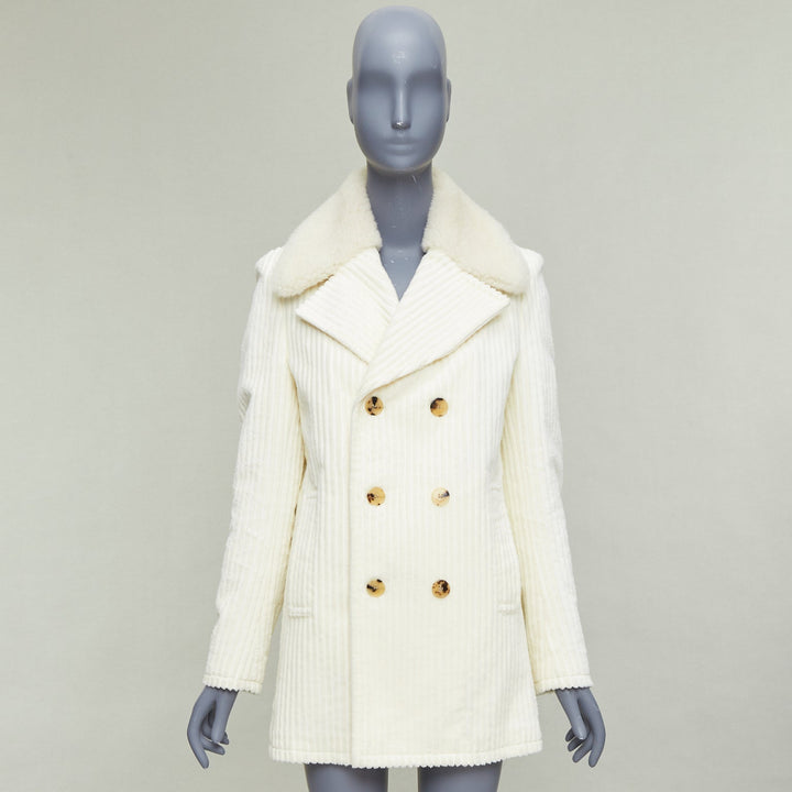 SAINT LAURENT 2021 off white shearling collar cotton corduroy coat FR38 M