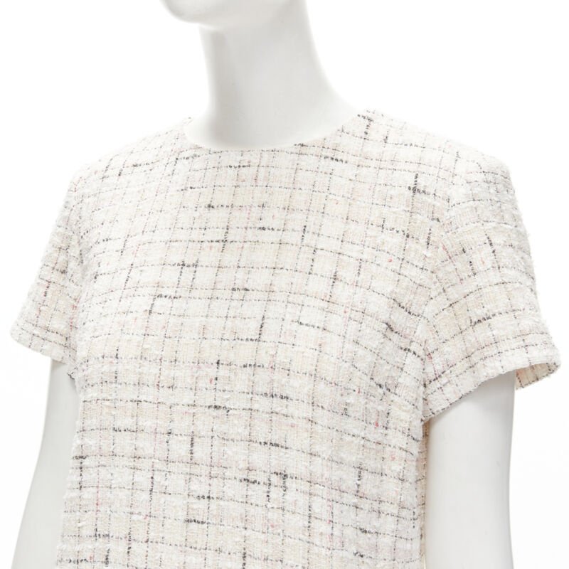 CHANEL light pink beige black check tweed short sleeve sheath dress FR38 M