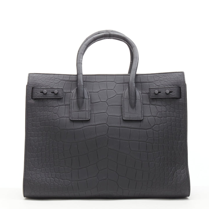 SAINT LAURENT Small Sac De Jour matte black stamped croc tote bag