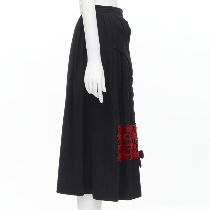 Runway COMME DES GARCONS Vintage 1988 black wool braid red embroidery skirt M