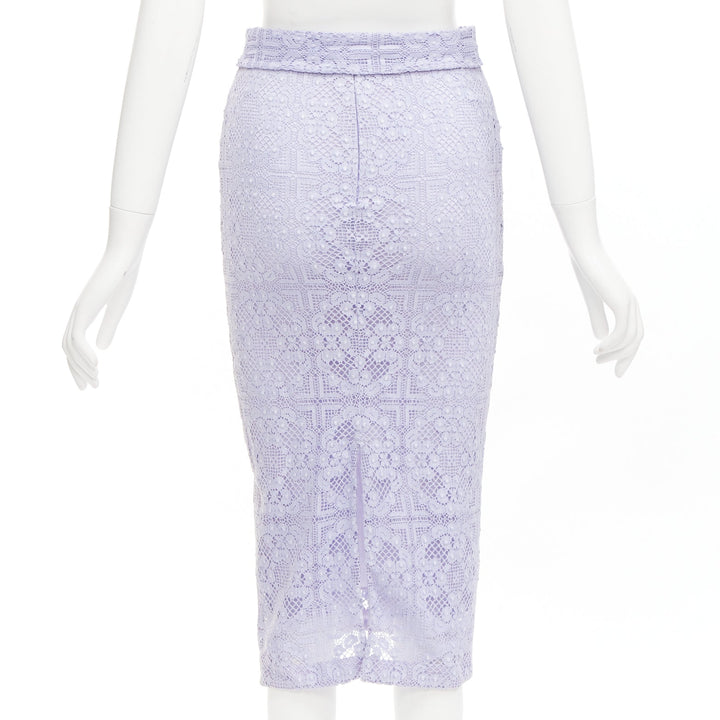 BURBERRY Runway lilac purple cotton blend lace belted pencil skirt IT36 XXS
