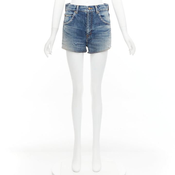 SAINT LAURENT 2020 blue distressed washed denim high waisted shorts 29"
