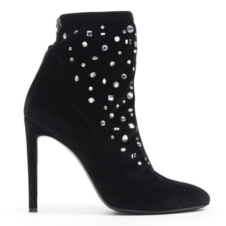 GIUSEPPE ZANOTTI black velvet crystal jewel embellished pull on sock bootie EU39