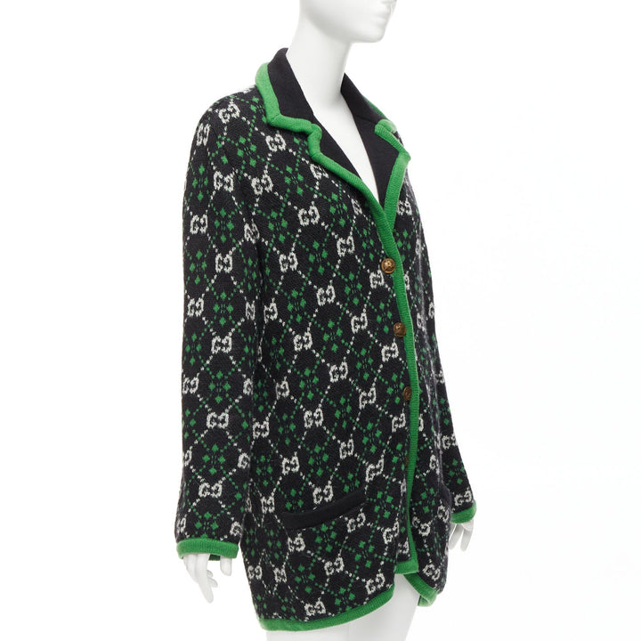 GUCCI 2018 white black GG monogram alpaca wool green trim knit coat S