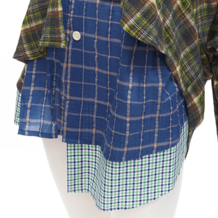 NATASHA ZINKO pink logo blue green trio deconstructed grunge plaid shirt FR34 XS