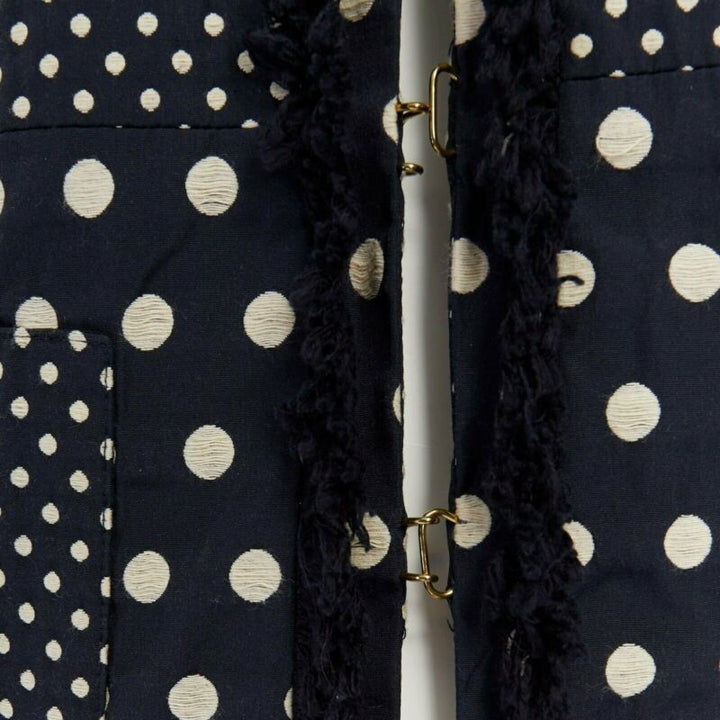 TORY BURCH navy blue white polka dot jacquard frayed trimmed coat US2 S