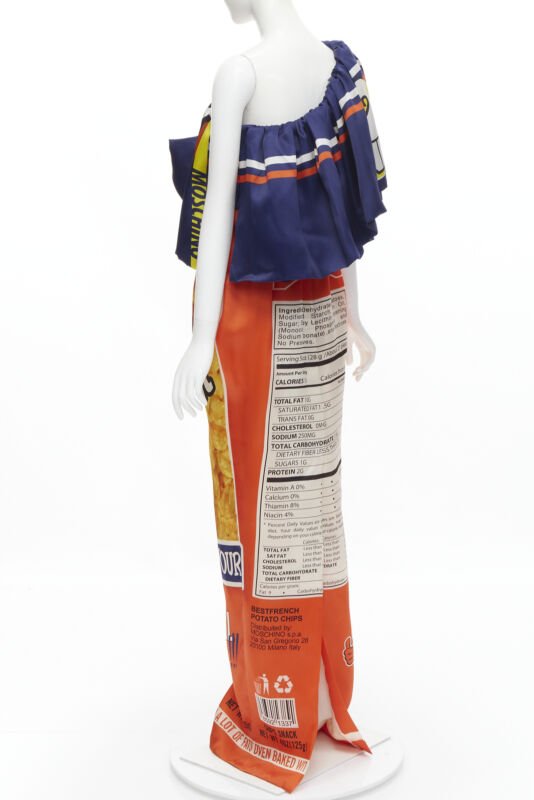 rare Runway MOSCHINO Couture! 2014 Junk Food Potato Chip one shoulder gown IT40
