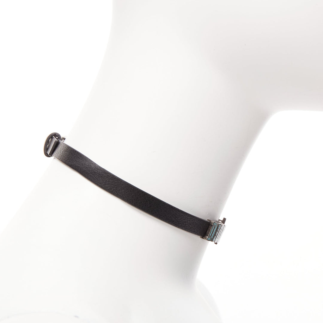 CHRISTIAN DIOR blue marble logo star charm black leather short choker
