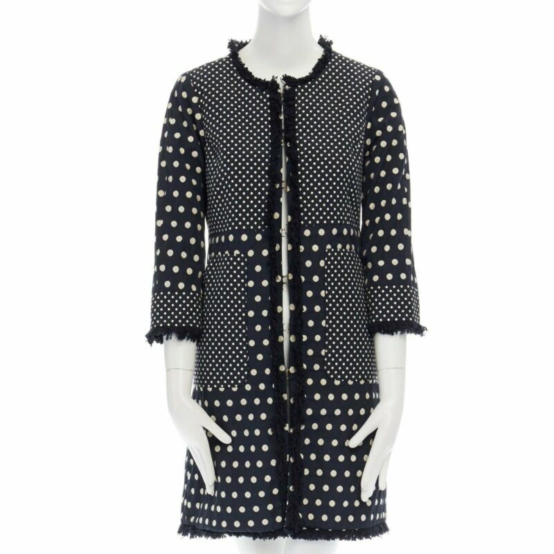 TORY BURCH navy blue white polka dot jacquard frayed trimmed coat US2 S