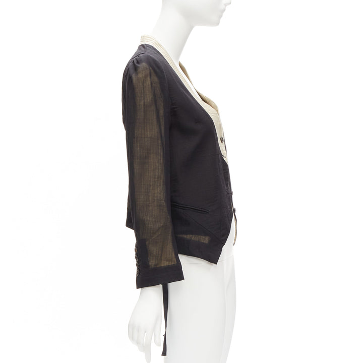 ANN DEMEULEMEESTER black overlay sheer cream topstitched jacket FR36 S