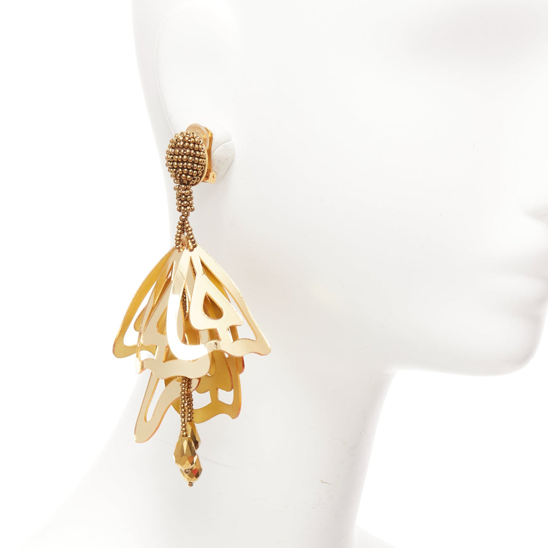 OSCAR DE LA RENTA gold acrylic petals beads floral statement clip earrings Pair