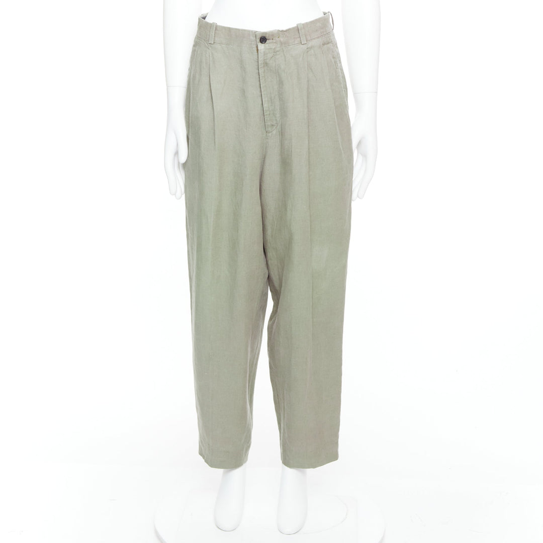 YOHJI YAMAMOTO khaki green linen pleated front tapered wide pants S