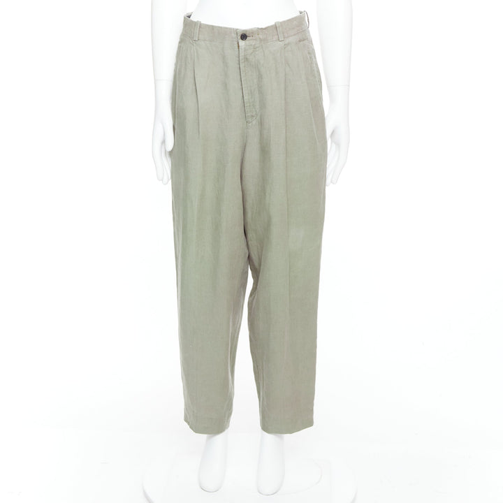 YOHJI YAMAMOTO khaki green linen pleated front tapered wide pants S