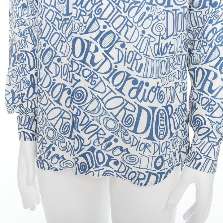 DIOR Shawn Stussy blue graffiti swirl logo print button down shirt EU38 S