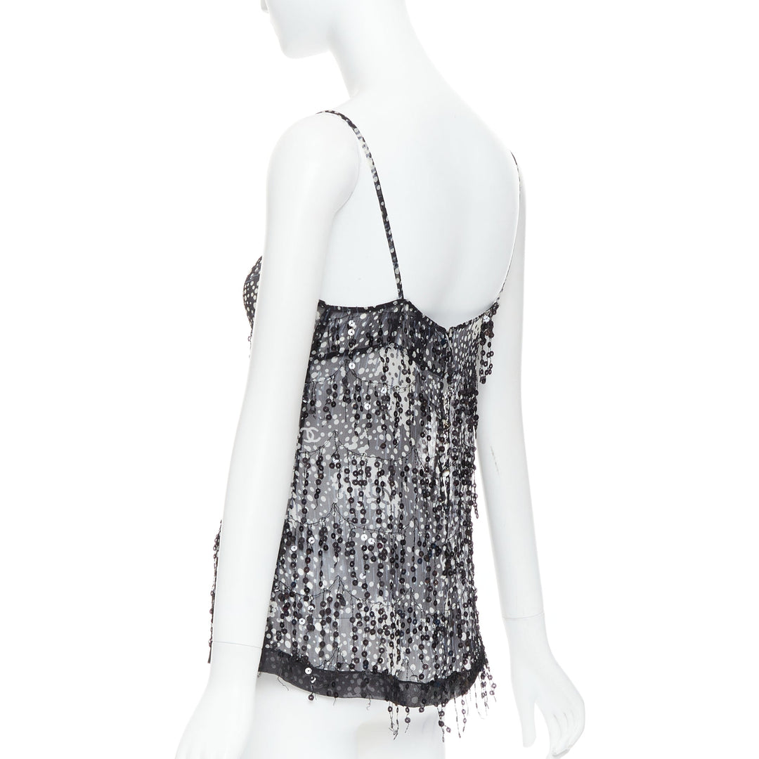 CHANEL 02A black grey sequin fringe applique sheer camisole FR38 M