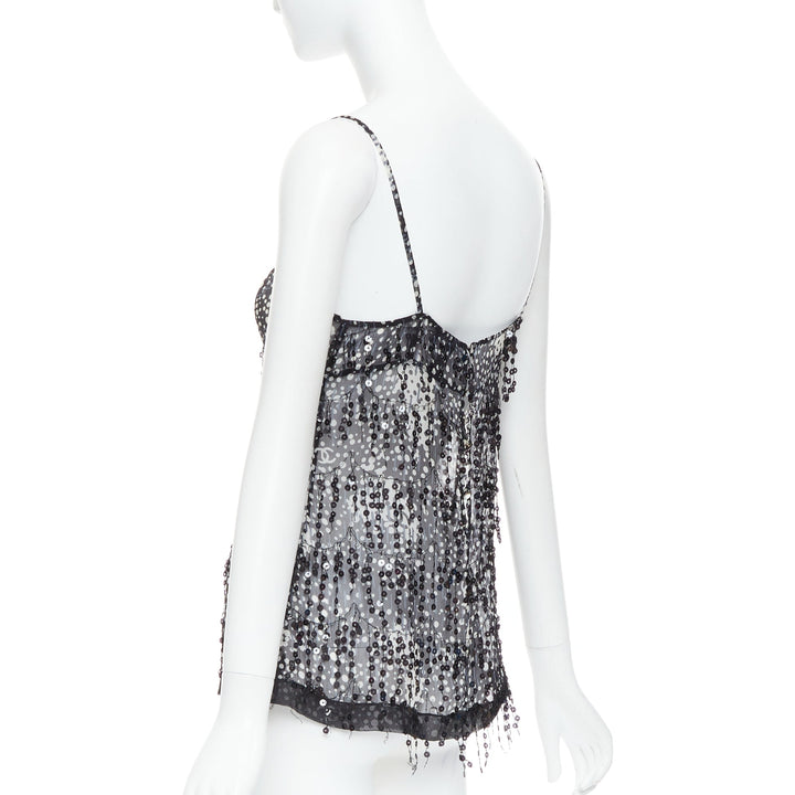 CHANEL 02A black grey sequin fringe applique sheer camisole FR38 M