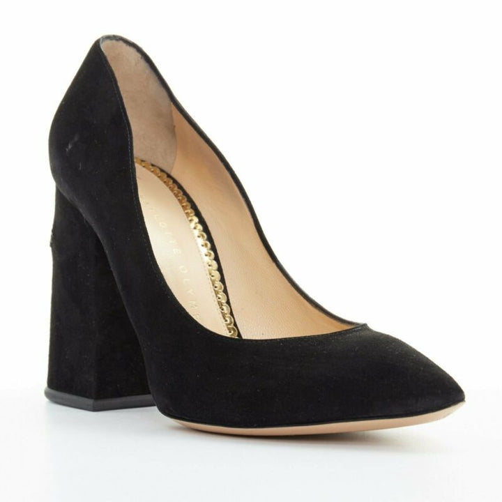 CHARLOTTE OLYMPIA black suede point toe spider embroidered chunky high heel EU35