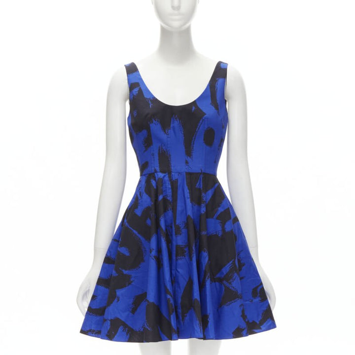 ALEXANDER MCQUEEN 2022 black blue abstract print fit flared scoop dress It38 S