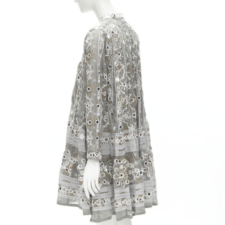 JULIET DUNN LONDON grey floral print silver pailette flared hem jacket US2 S