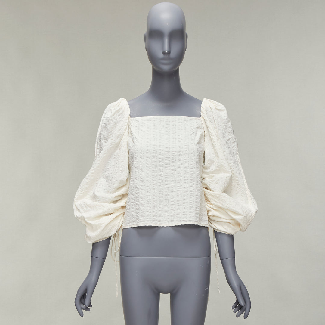 REGINA PYO cream cotton square neck ruched puff sleeves cropped peasant top S
