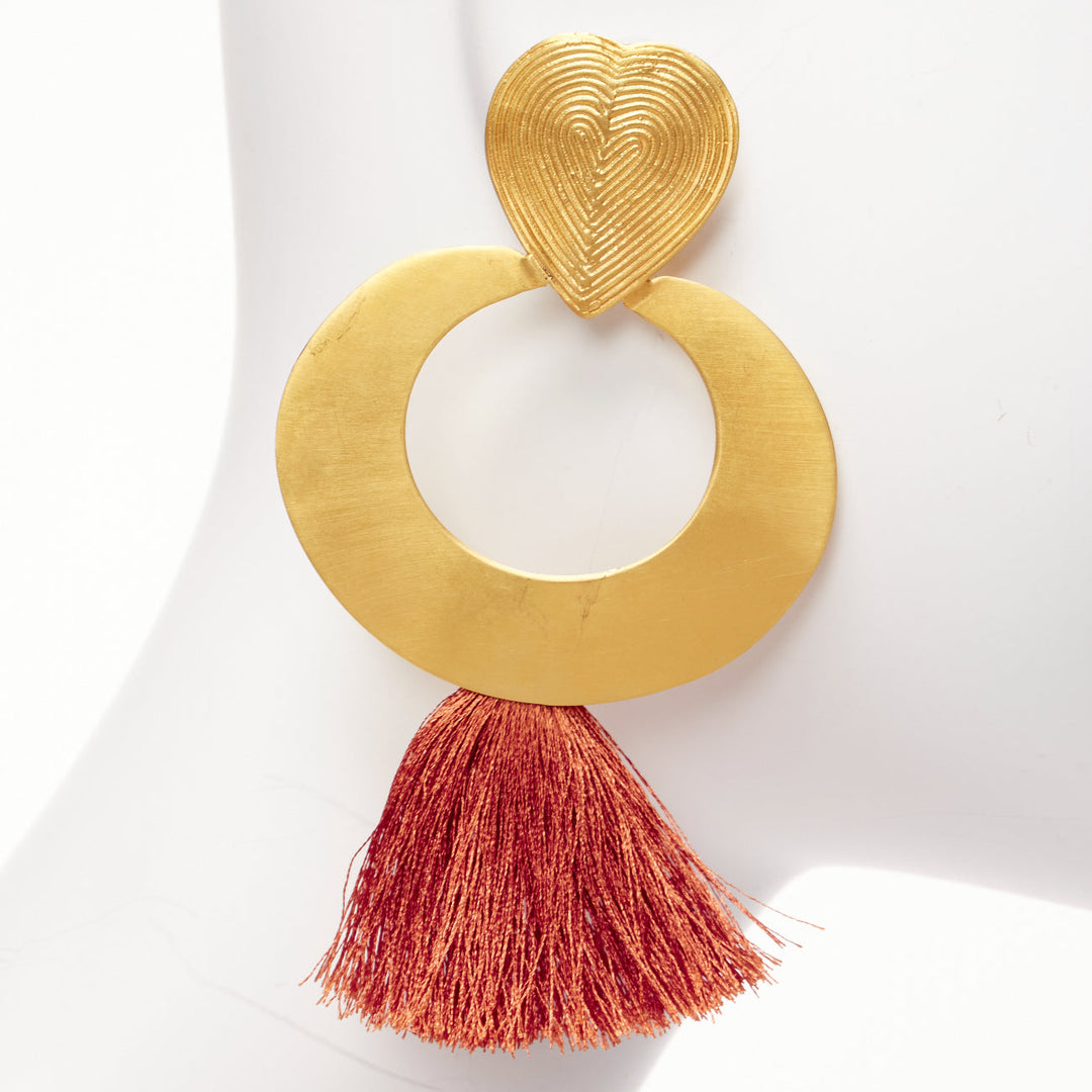 PMX CANO brown gold heart tribal tassel statement pin earrings