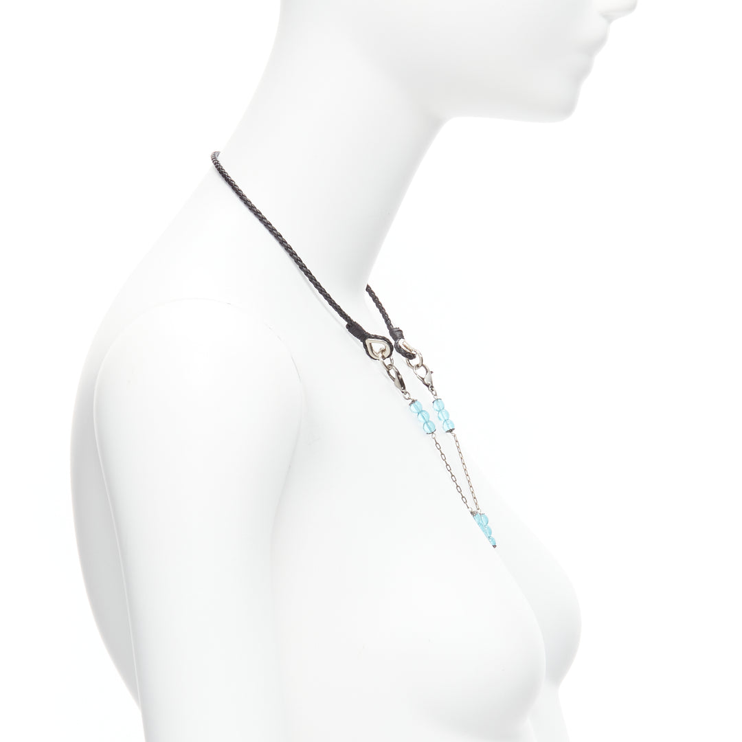 DOLCE GABBANA faux emerald blue beads Bytantine cross leather opera necklace