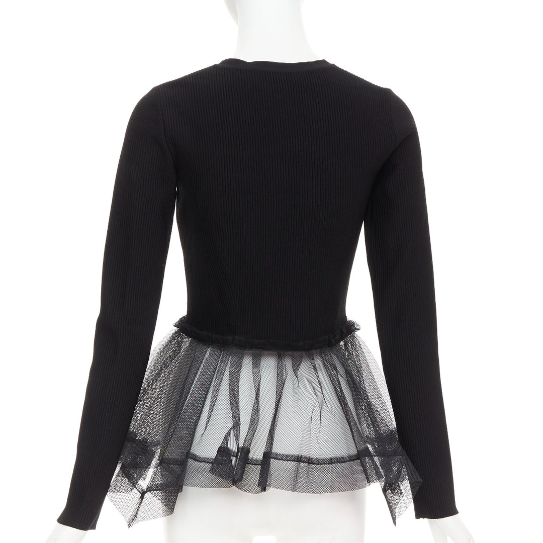 ALEXANDER MCQUEEN 2023 black ribbed stiff sheer tulle peplum cardigan sweater S