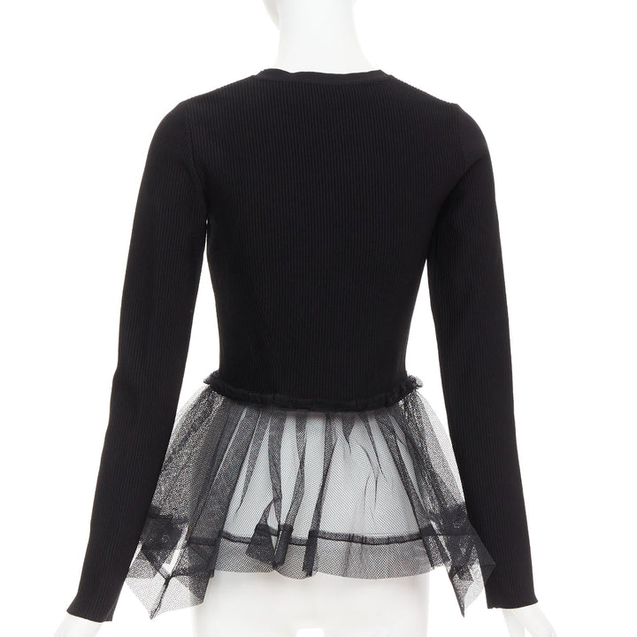 ALEXANDER MCQUEEN 2023 black ribbed stiff sheer tulle peplum cardigan sweater S