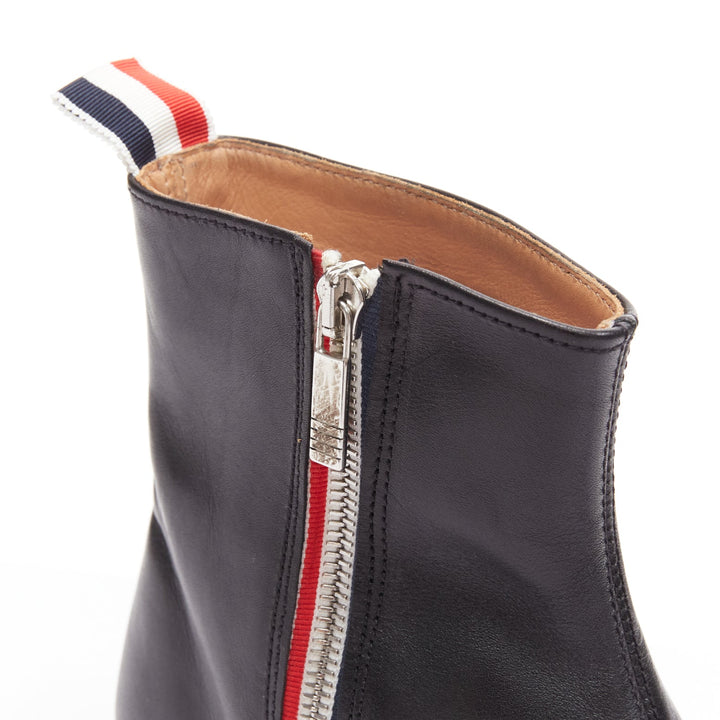 THOM BROWNE black leather red blue tab minimal zip ankle boots EU38