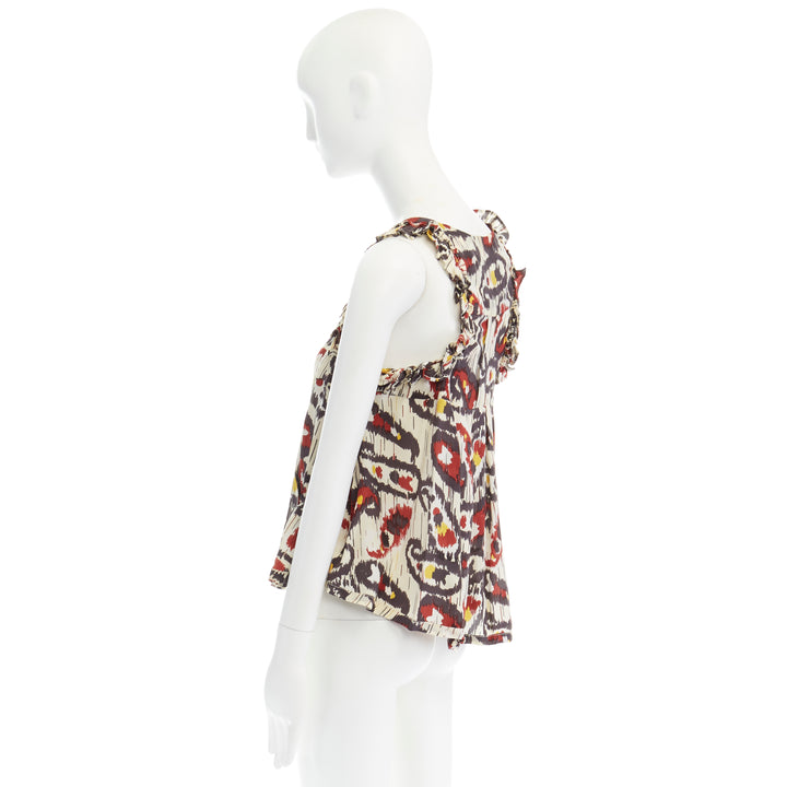 ISABEL MARANT Ikat cream ethnic print silk ruffle cut-out top FR34 XS US2 UK6