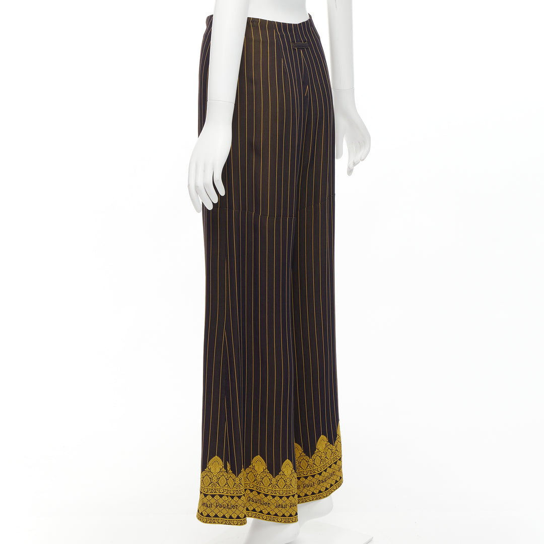 JEAN PAUL GAULTIER FEMME black gold striped logo trim wide leg pants IT40 L