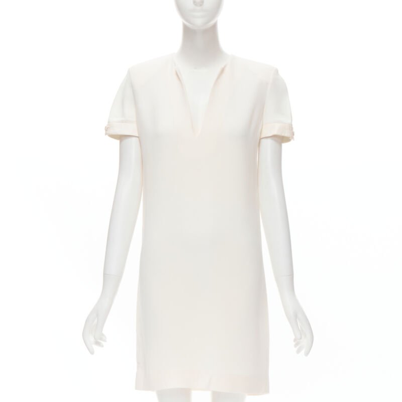 SAINT LAURENT 2013 Hedi Slimane ivory crepe leather trimmed V-neck dress FR36 S