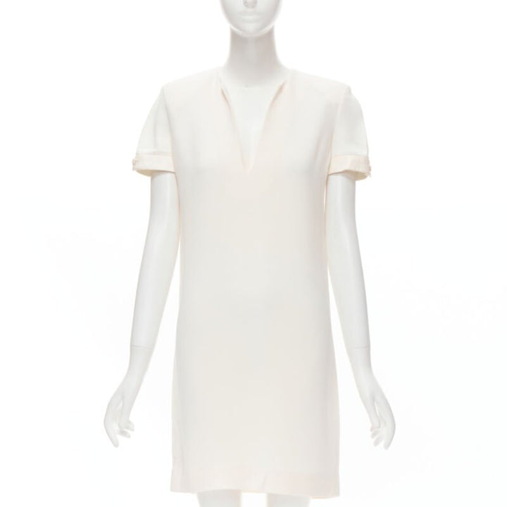 SAINT LAURENT 2013 Hedi Slimane ivory crepe leather trimmed V-neck dress FR36 S