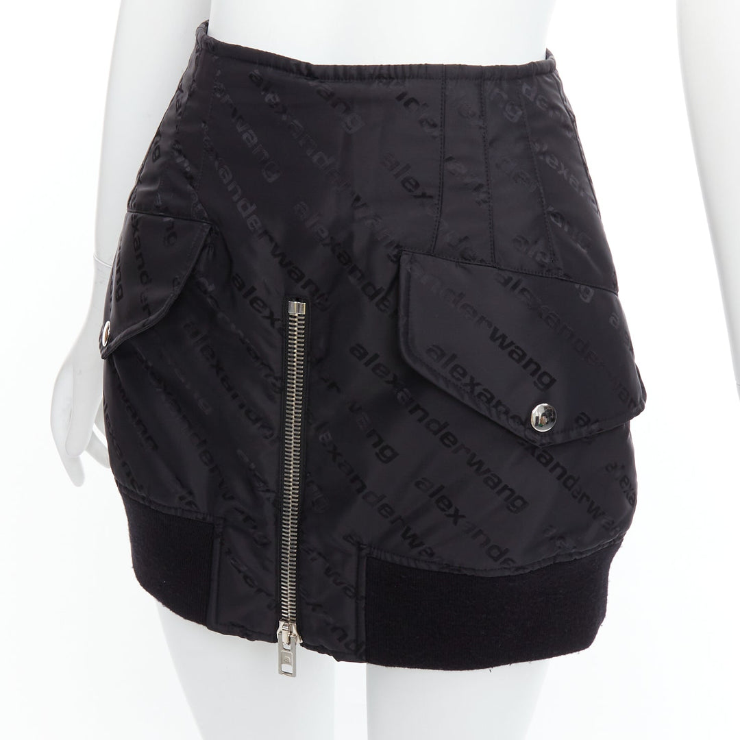 ALEXANDER WANG black logo print deconstructed bomber nylon mini skirt US0 XS