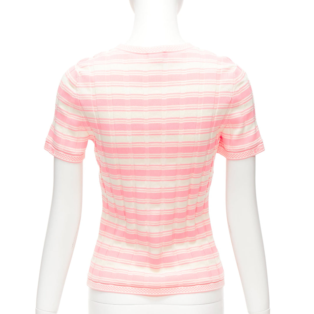 CHANEL 23C white pink stripe logo charm short sleeve ribbed sweater FR40 L