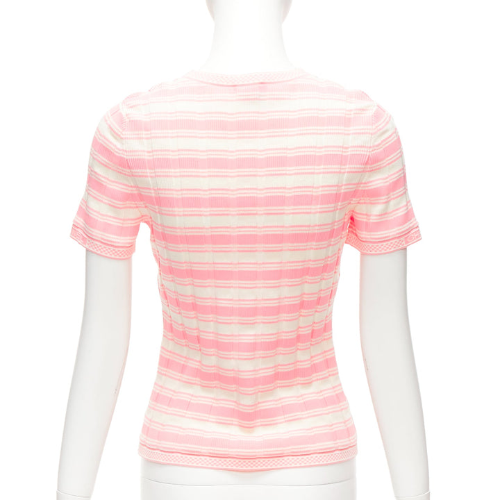 CHANEL 23C white pink stripe logo charm short sleeve ribbed sweater FR40 L